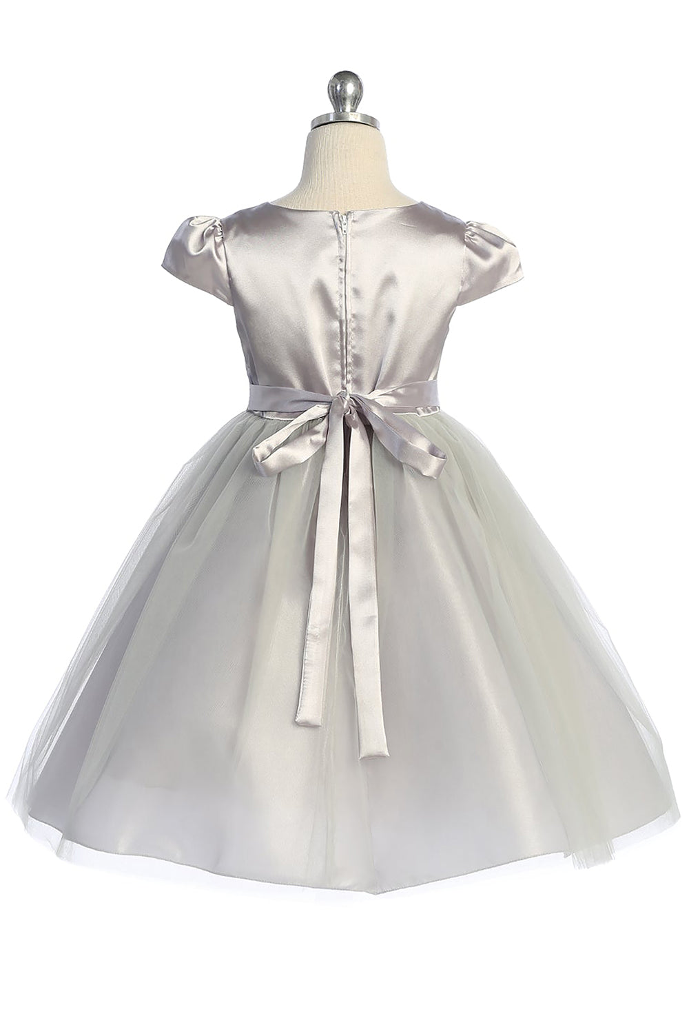 Silver satin and tulle girls' dress with capped sleeves by Kid's Dream, elegant and suitable for special occasions.