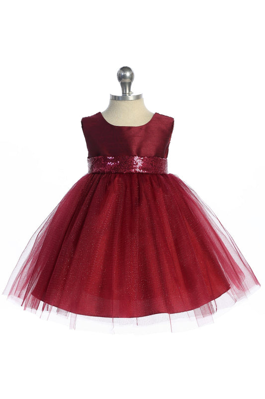 Kid's Dream matching sequins V-back and bow baby dress in burgundy with shiny sequin details and a decorative bow at the back.