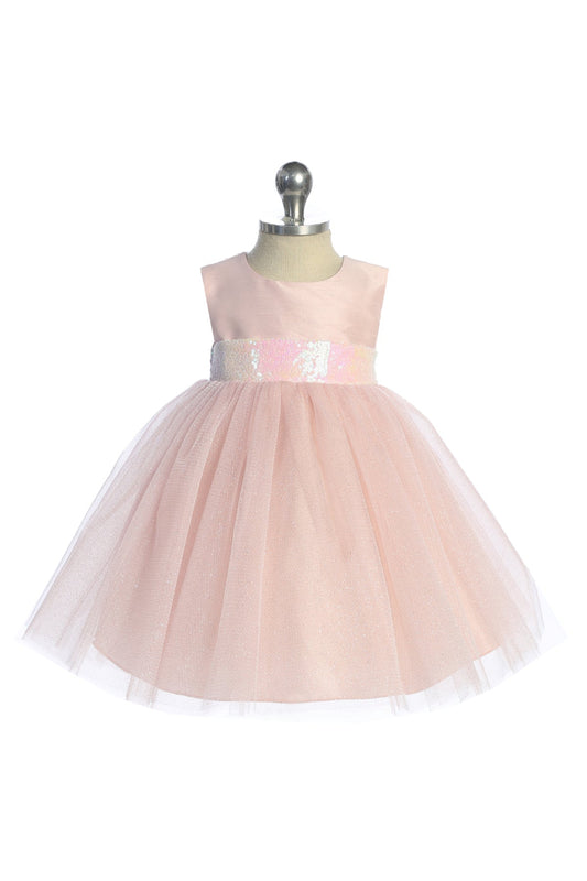 Kid's Dream pink iridescent sequins baby dress with V back and bow, featuring shiny, sparkling fabric and delicate design.