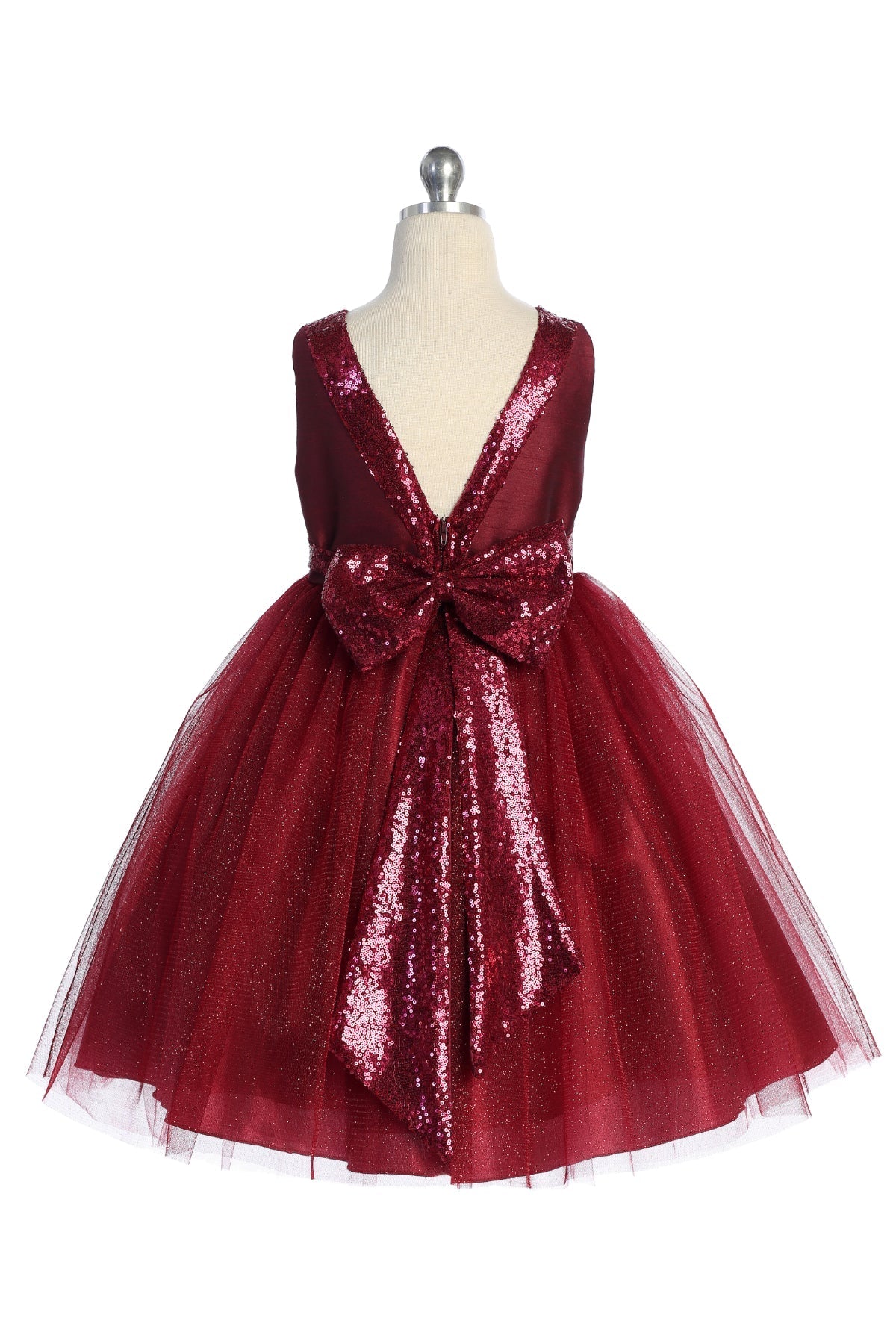 Kid's Dream girl's burgundy sequin dress with V-back and bow, featuring matching sequins and a stylish, elegant design.