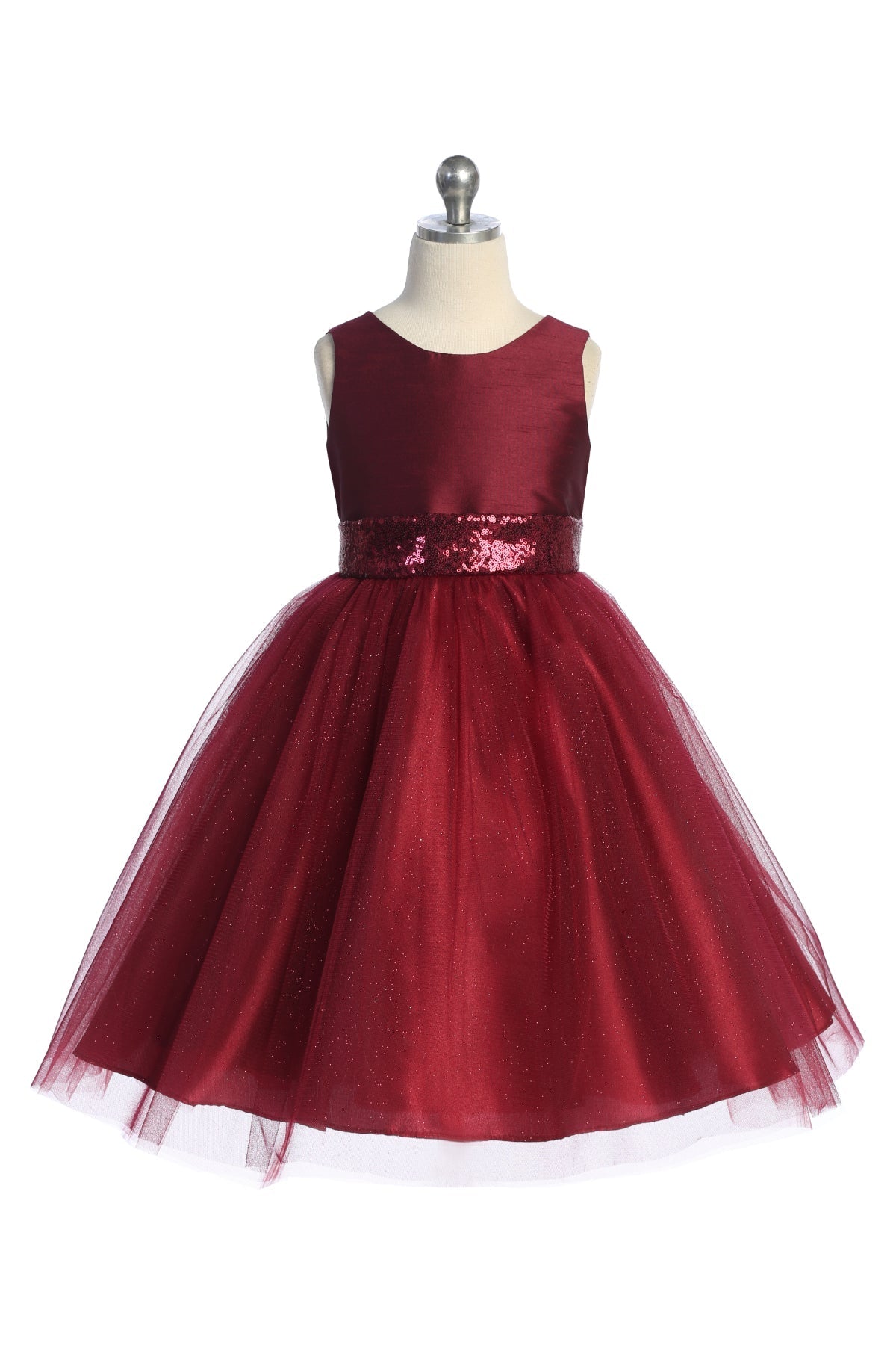 Kid's Dream plus size girls' burgundy dress with sequins, V back, and bow detail, perfect for special occasions.
