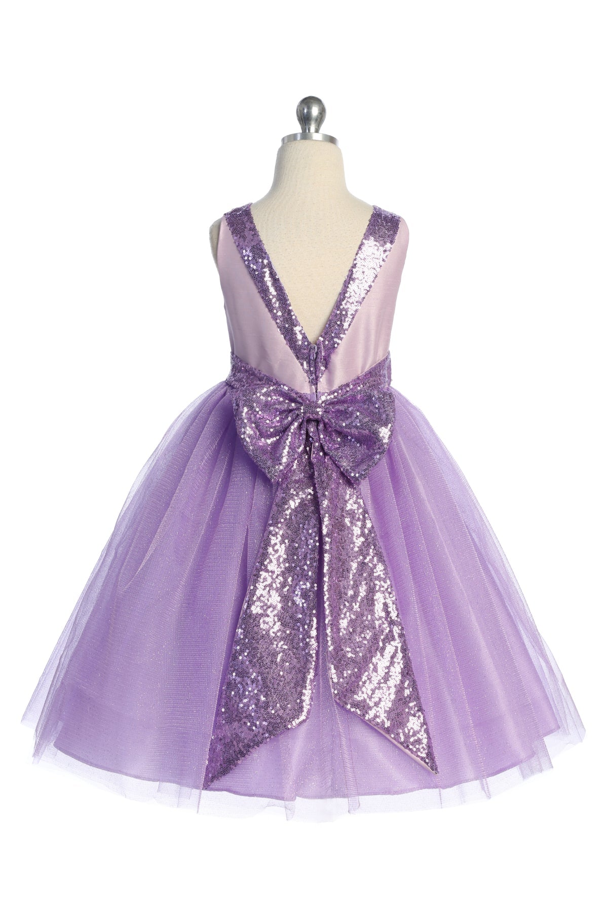 Lavender girls' dress with sequins, V back design, and bow detail by Kid's Dream, perfect for special occasions.