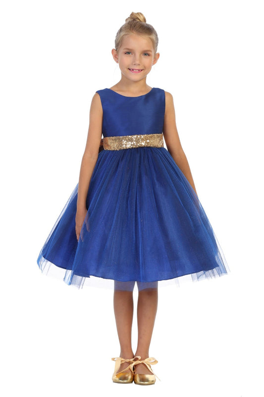 Girl's dress from Kid's Dream with gold sequins, V-back design, and bow detail in royal blue for special occasions.