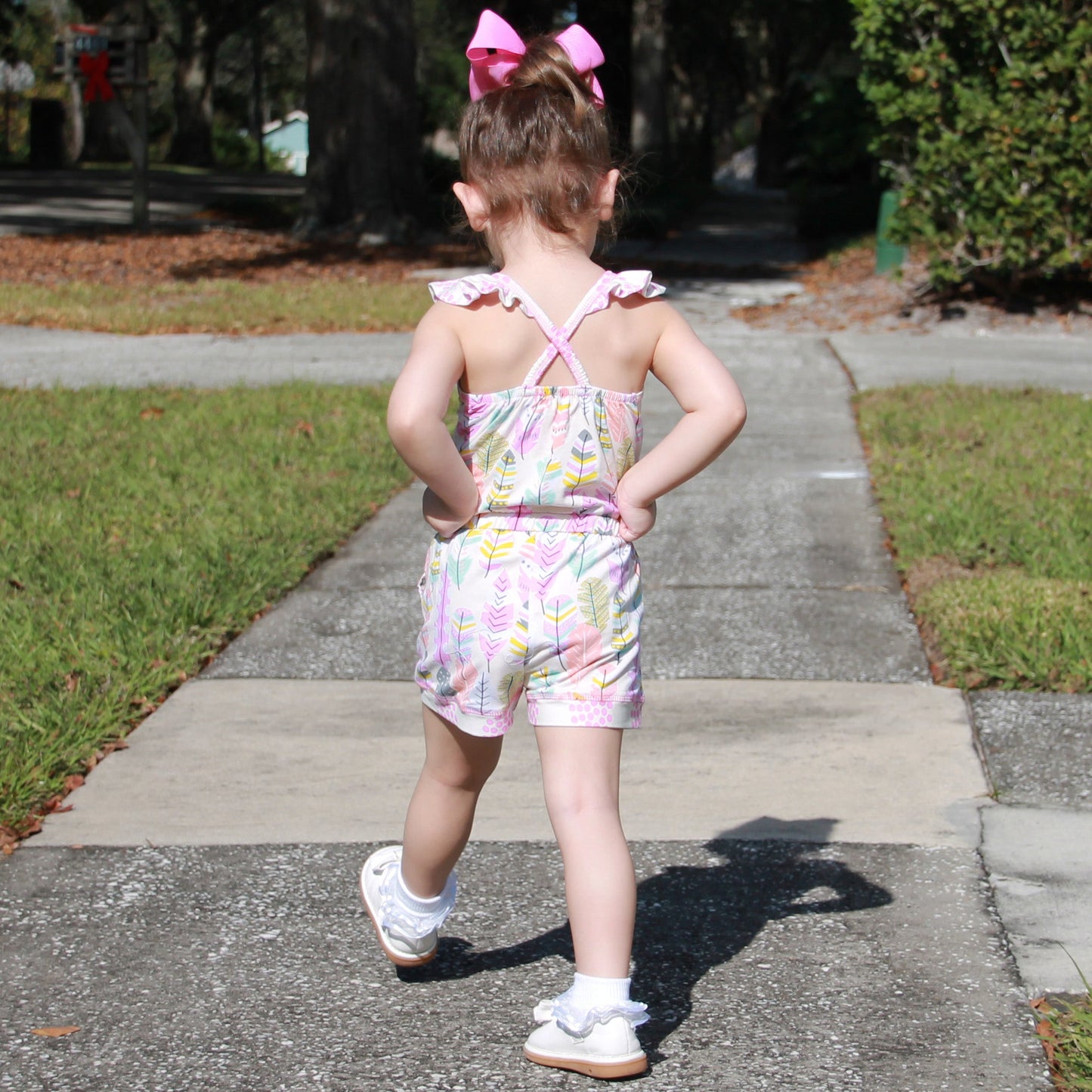 AnnLoren Big Little Girls Pink Feather & Polka Dots Shorts Jumpsuit Spring Summer One Piece Outfit
