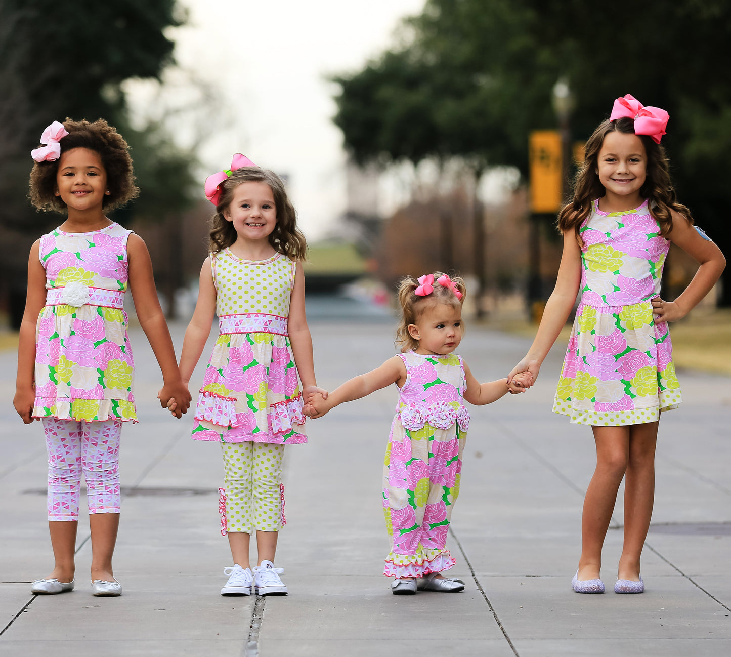 AnnLoren Spring Big Little Girls Pink Green Boutique Bouquet Floral Knit Swing Casual Dress