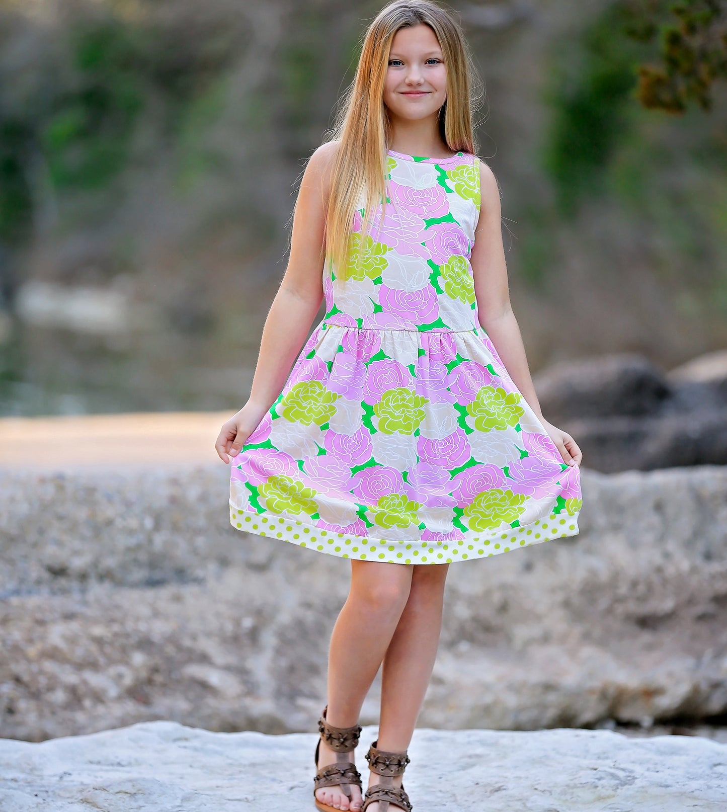 AnnLoren Spring Big Little Girls Pink Green Boutique Bouquet Floral Knit Swing Casual Dress