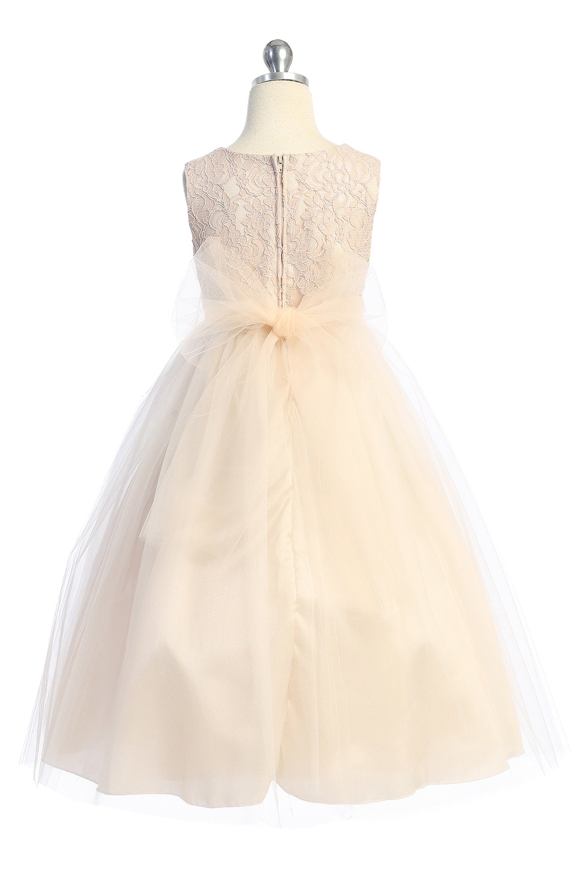 Long lace illusion girls dress with rhinestone trim by Kid's Dream, featuring blush pink fabric and elegant lace details.
