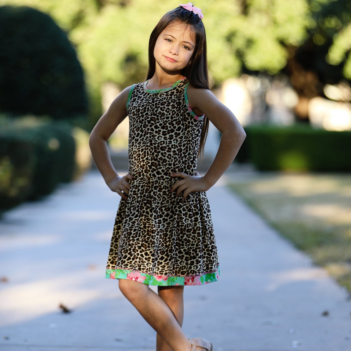 AnnLoren Little & Big Girls Spring Leopard Rose Floral Sleeveless Boutique Dress