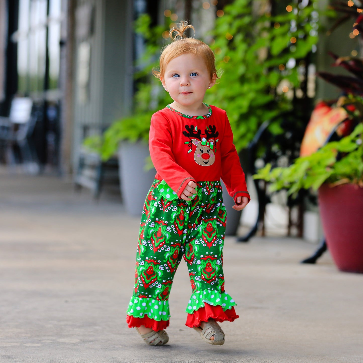 AnnLoren Baby Girls Boutique Red Green Damask Christmas Tree Rudolph Reindeer Romper