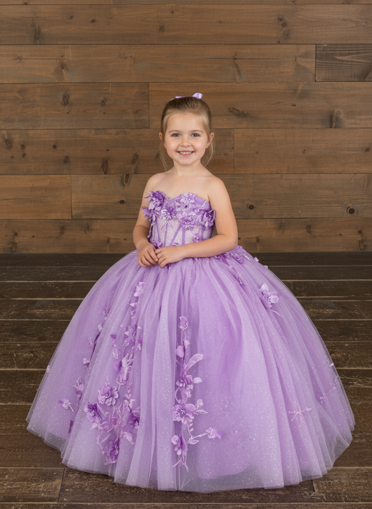 Girls' CallaCollection SCK-324 dress with floral pattern and ruffled details, displayed on a hanger against a white background.