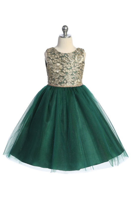 Gold embroidered lace plus size girls dress with V back and bow detail by Kid's Dream, featuring elegant lace and decorative accents.