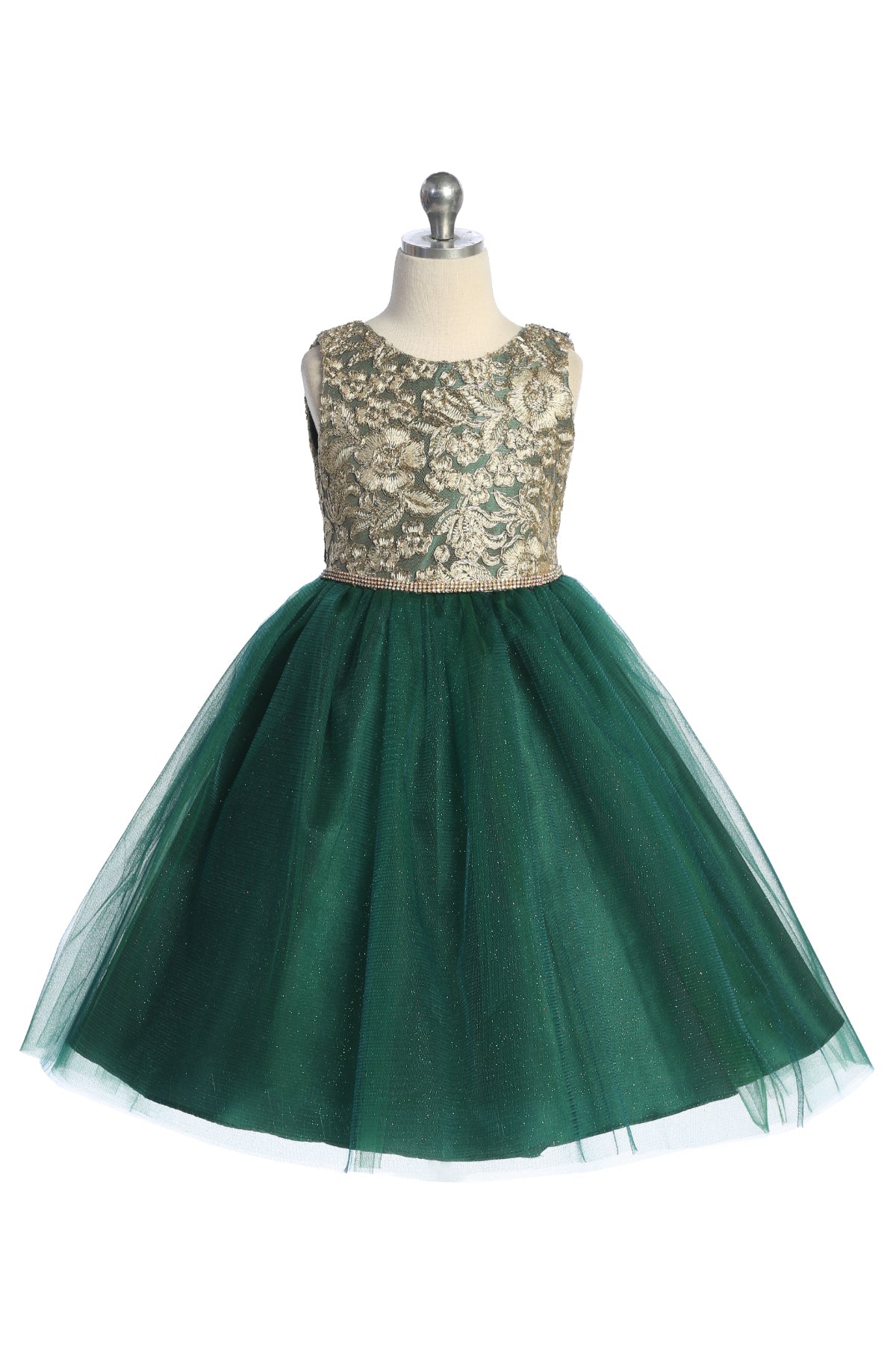 Gold embroidered lace girls dress with V back and bow detail, designed by Kid's Dream featuring elegant lace and intricate embroidery.