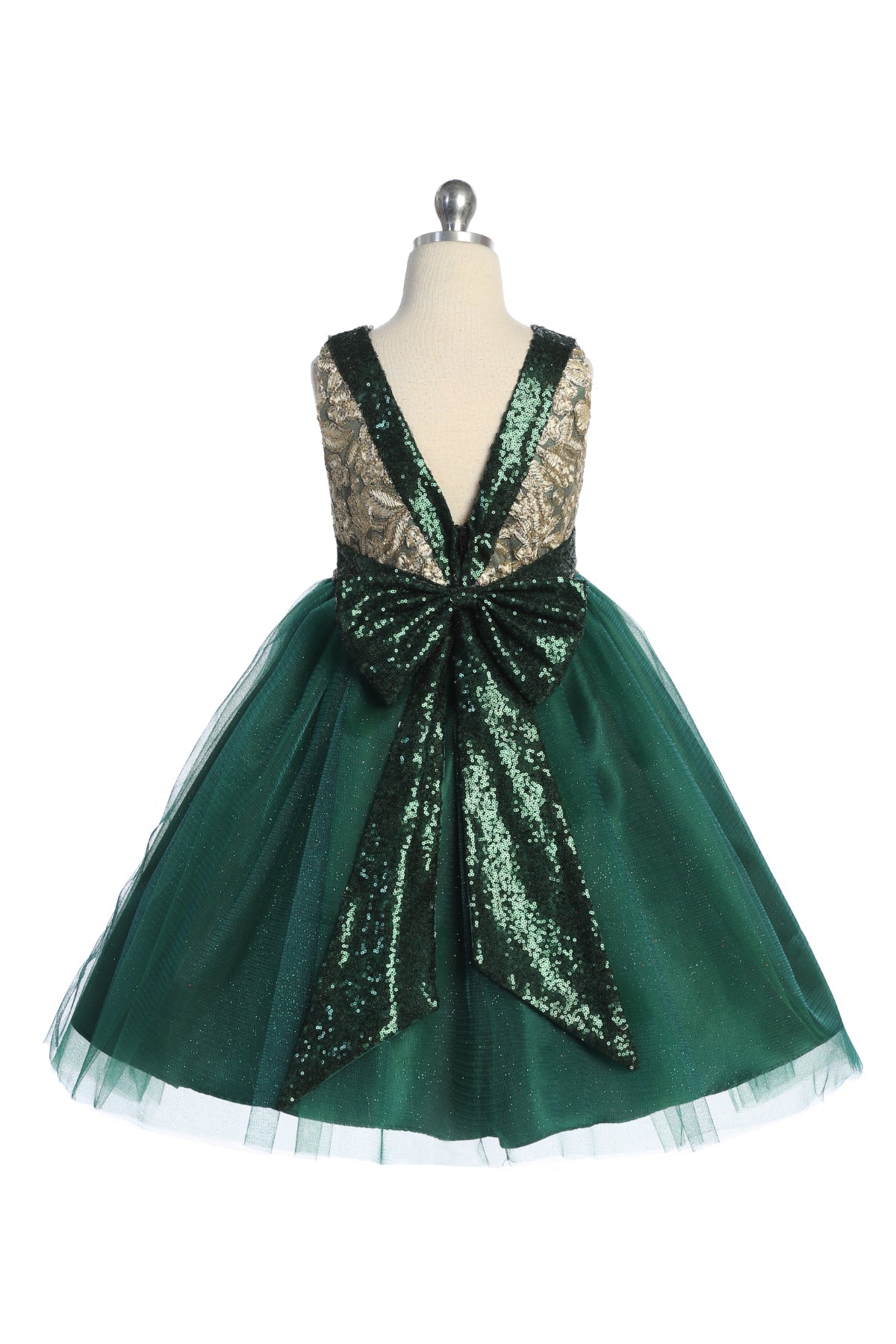 Gold embroidered lace plus size girls' dress with V back and bow detail by Kid's Dream, featuring intricate lace and elegant design.