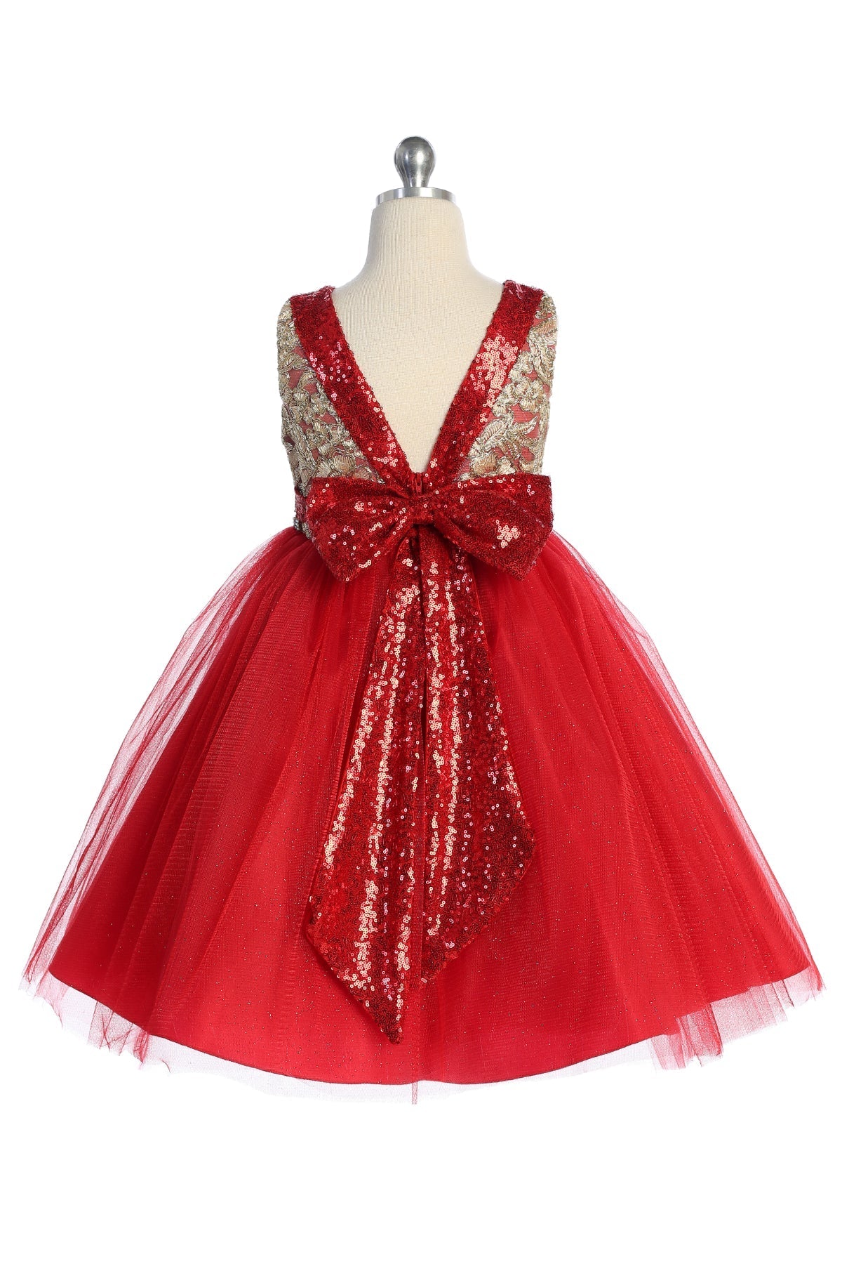 Gold embroidered lace plus size girls' dress with V back and bow by Kid's Dream, featuring intricate lace details and elegant design.