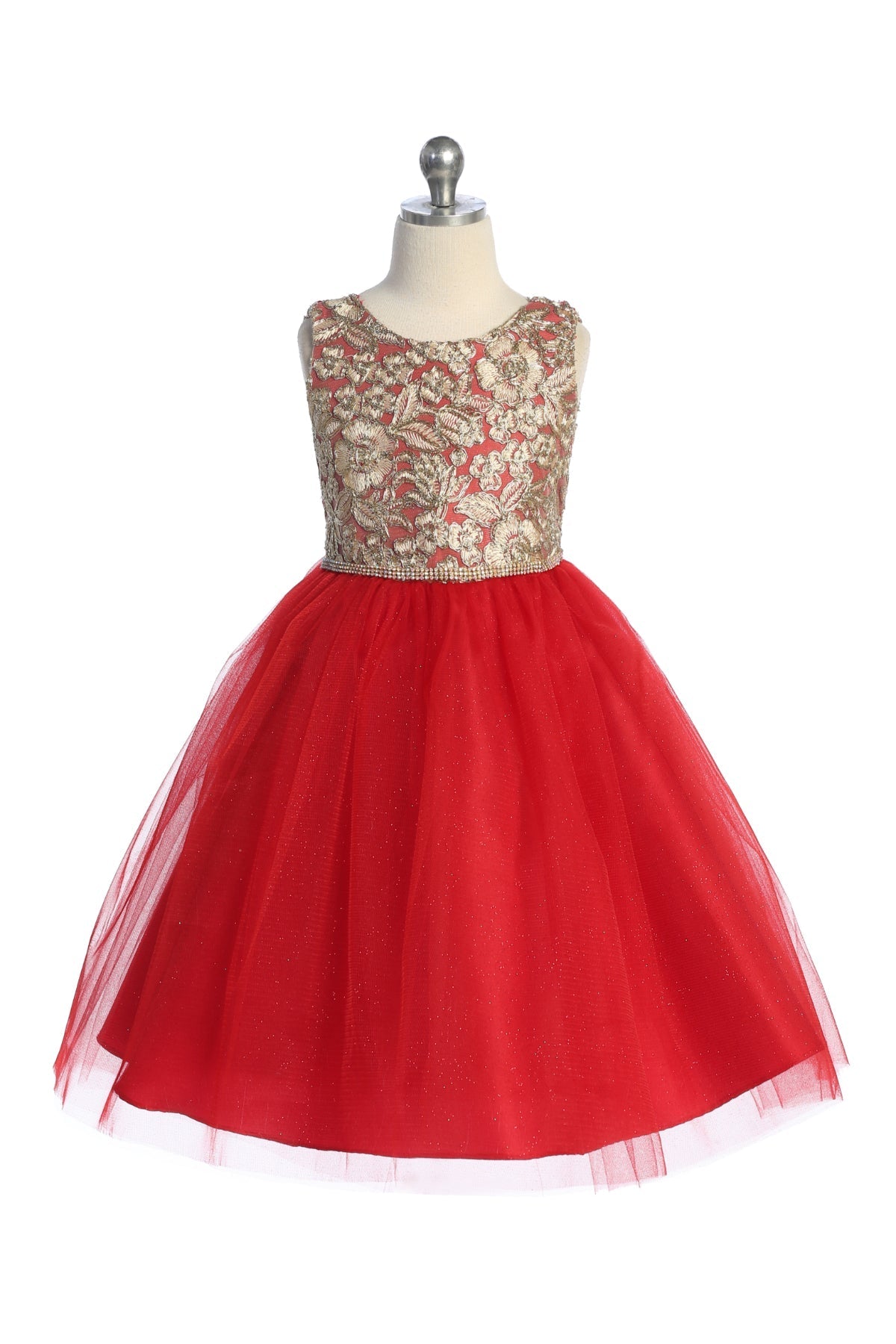 Gold embroidered lace girls' dress with V back and bow detail by Kid's Dream, featuring intricate embroidery and elegant design.