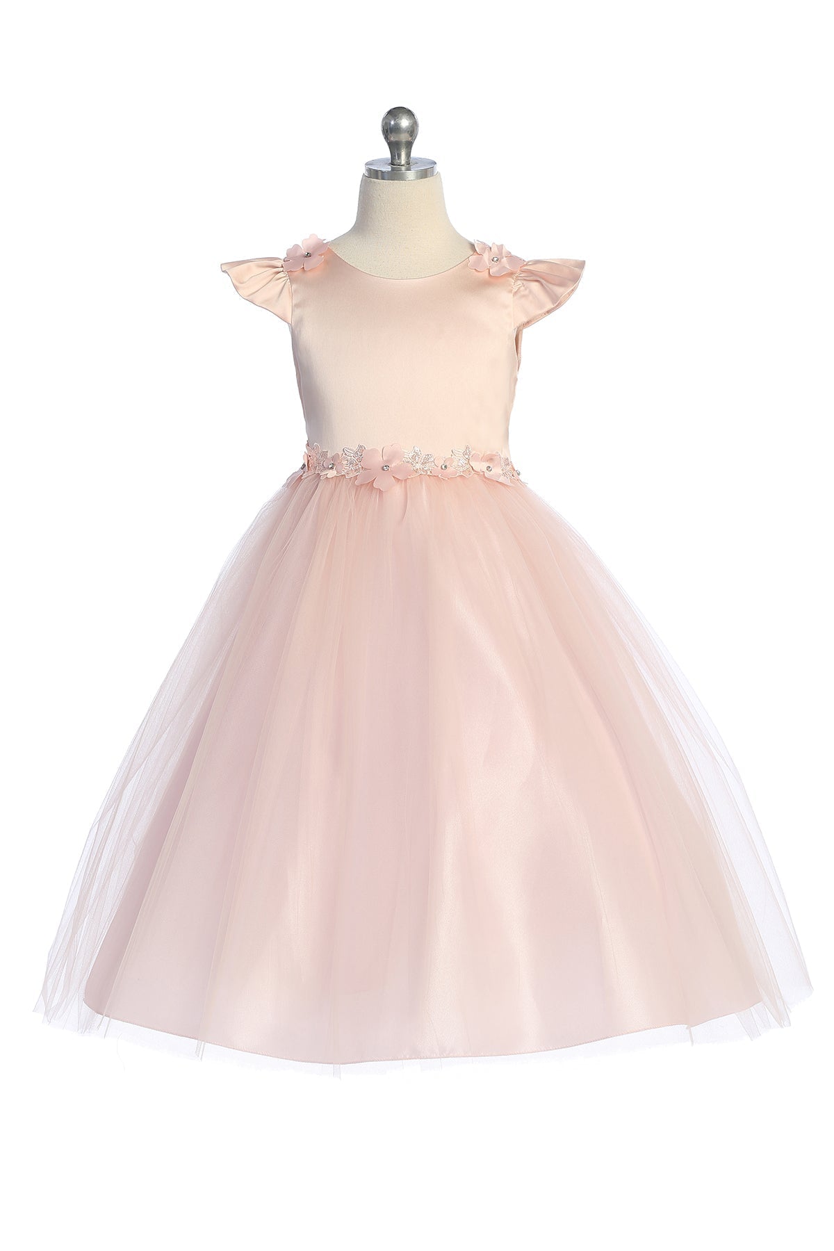 Dress - Capped Sleeve Satin & Tulle Girls Plus Size Dress With Floral Trim