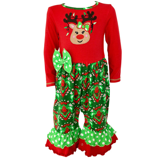 AnnLoren Baby Girls Boutique Red Green Damask Christmas Tree Rudolph Reindeer Romper