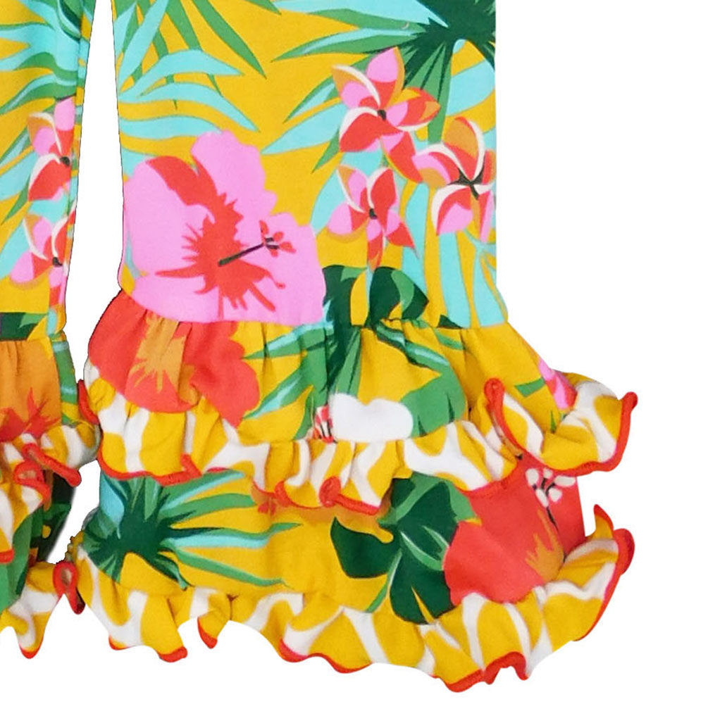 AnnLoren Big Little Girls Yellow Elephant Tunic & Tropical Hibiscus Capri Ruffle Pants Set Toddler Boutique Clothing