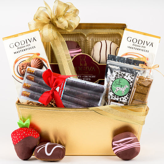 Dog gift basket with treats and toys from GreatArrivals/WineCountry, featuring colorful dog toys and tasty treats for pets and owners.