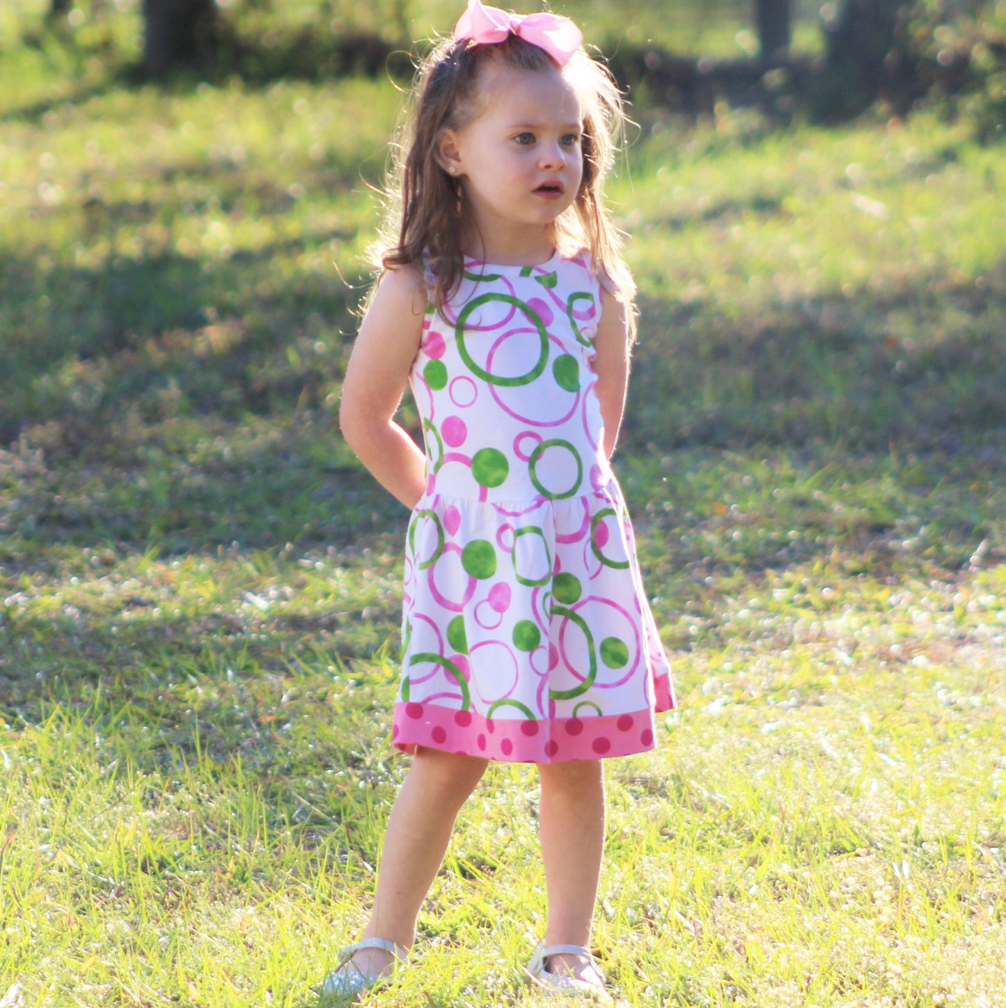 AnnLoren Big Little Girls Pink Green Bubble Design Cotton Knit Swing Dress Holiday Boutique Clothes