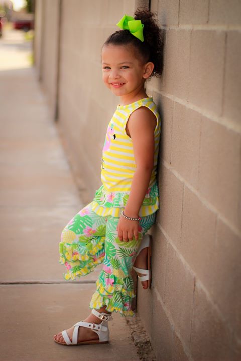 AnnLoren Big Little Girls' Pink Flamingo Palm Striped Tunic & Capri Pants Toddler Holiday Outfit