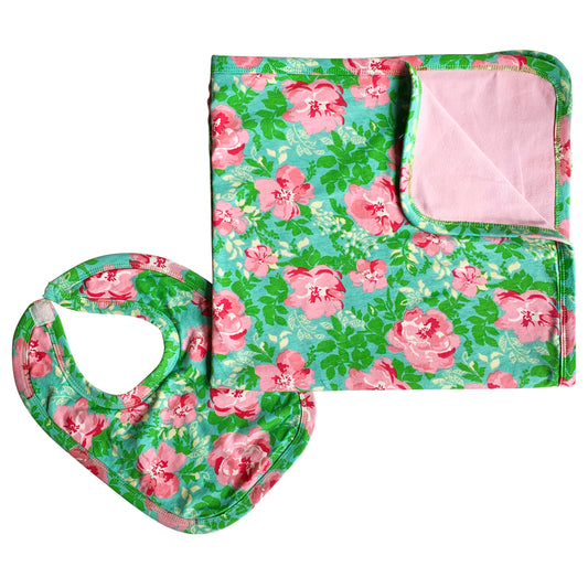 AnnLoren Baby Toddler Girls Floral Blanket & Bib Gift Set 2 pc Knit Cotton