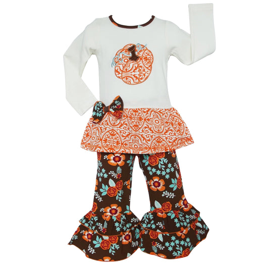 Big Girls Orange Pumpkin Autumn Floral Thanksgiving Tunic & Ruffle Pants Outfit