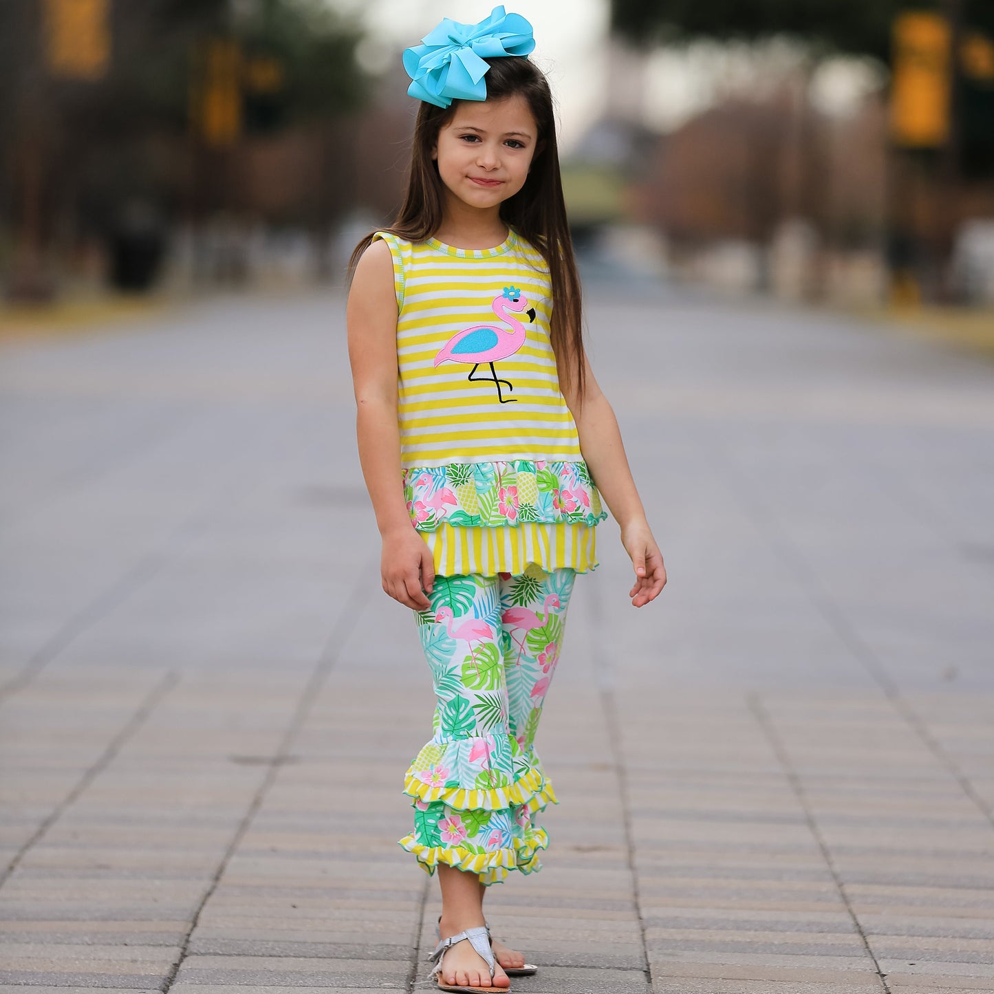 AnnLoren Big Little Girls' Pink Flamingo Palm Striped Tunic & Capri Pants Toddler Holiday Outfit