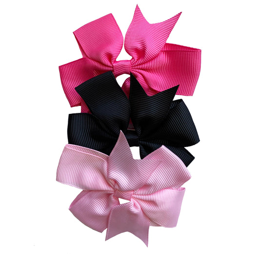 Set of 3- Baby Pink, Hot Pink, Black 3" Ribbon Bow Clips