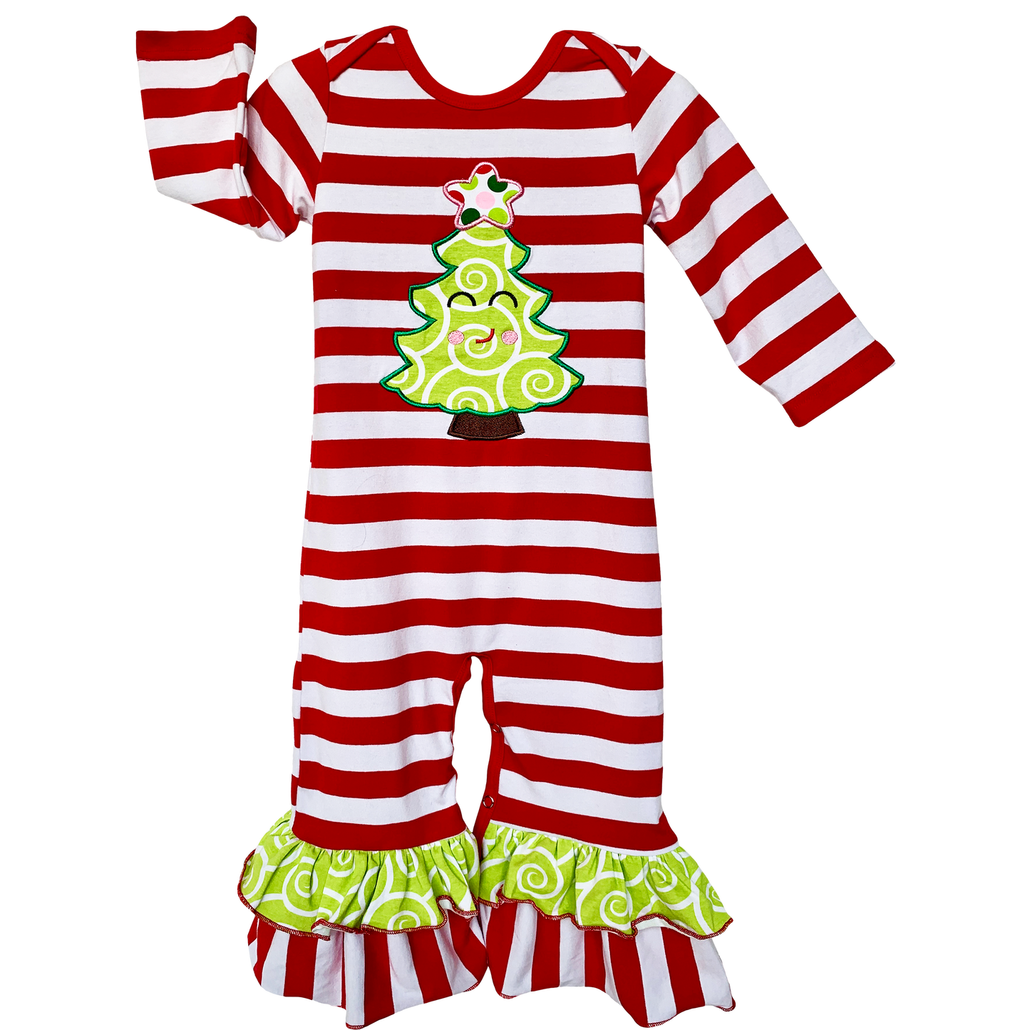 AnnLoren Baby Girls Boutique Happy Christmas Tree Red Striped Romper