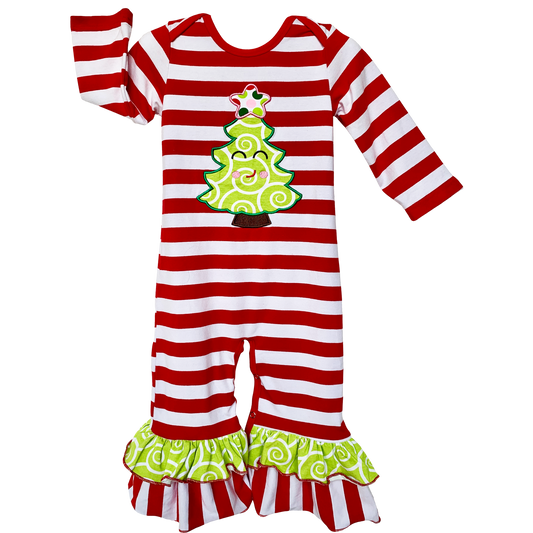 AnnLoren Baby Girls Boutique Happy Christmas Tree Red Striped Romper