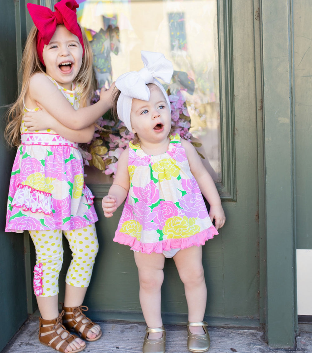 AnnLoren Big Little Girls Toddler Spring Bouquet Floral Dress Polka Dot Leggings Boutique