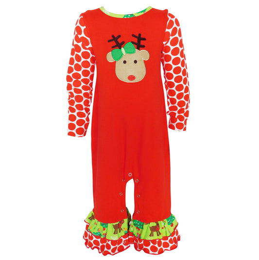 AnnLoren Baby Girls Boutique Red Green Christmas Tree Rudolph Reindeer Holiday Romper