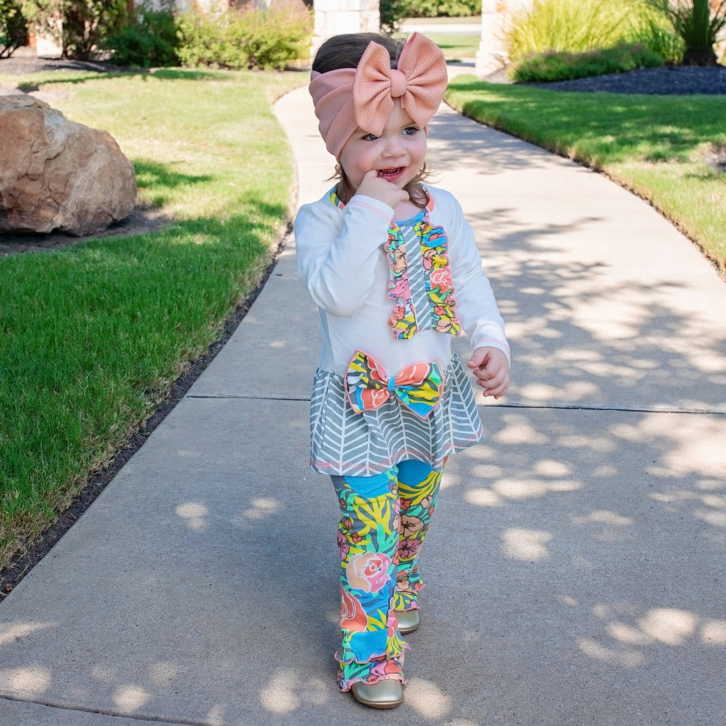AnnLoren Girls Herringbone Floral Tuxedo Bow Tunic & Pants Clothing Outfit Set sz 2/3T-9/10