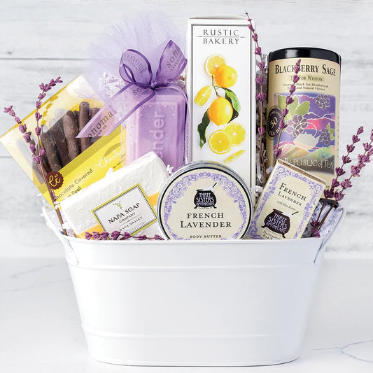 Lavender Fields and Lemon Sweets gift basket by GreatArrivals/WineCountry with spa treats and lemon-flavored confections.