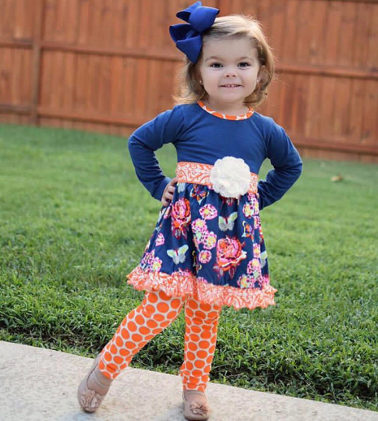 AnnLoren Girls Boutique Blue Butterfly Floral Dress Orange Polka Dot Legging Set sz 2/3T-9/10