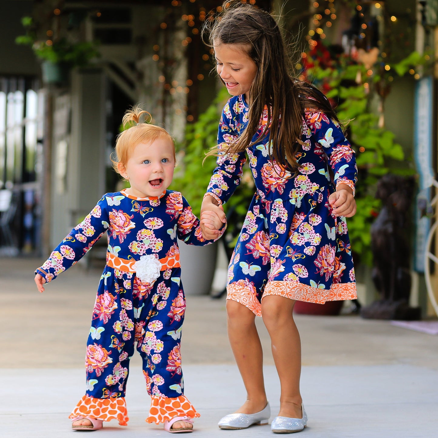 AnnLoren Girls Boutique Blue Butterfly Floral Dress Orange Polka Dot Legging Set sz 2/3T-9/10