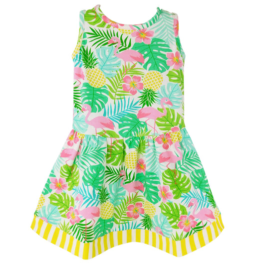 AnnLoren Little Big Girls Pink Flamingo Palm Tree Kids Swing Tropical Dress Spring Summer