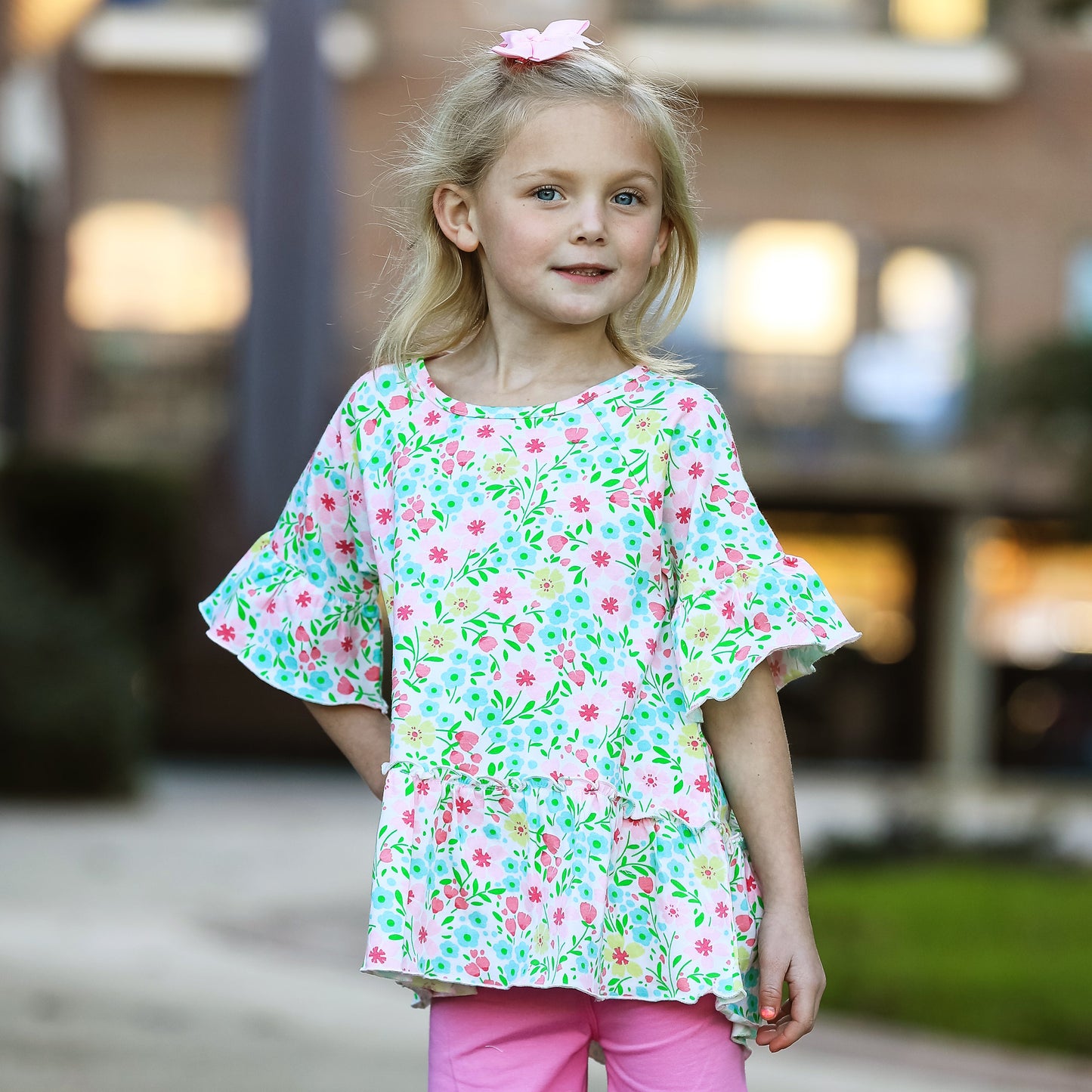 AnnLoren Little & Big Girls 3/4 Angel Sleeve Pink Green Floral Cotton Knit Ruffle Shirt