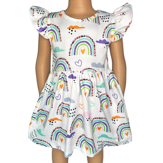 Girls Rainbow & Clouds Ruffle Cap Sleeve Swing Spring Dress