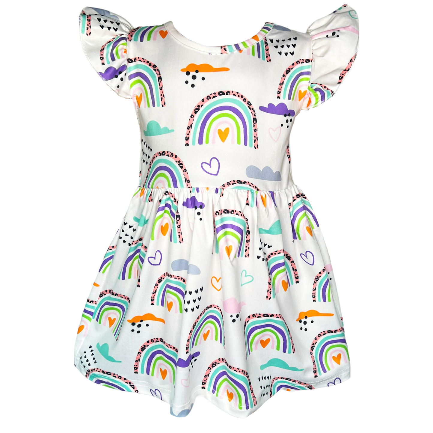 Girls Rainbow & Clouds Ruffle Cap Sleeve Swing Spring Dress