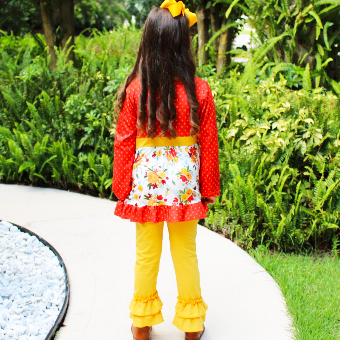 Boutique Girls Boutique Fall Floral Eyelet Tunic & Mustard Ruffle Pants Set