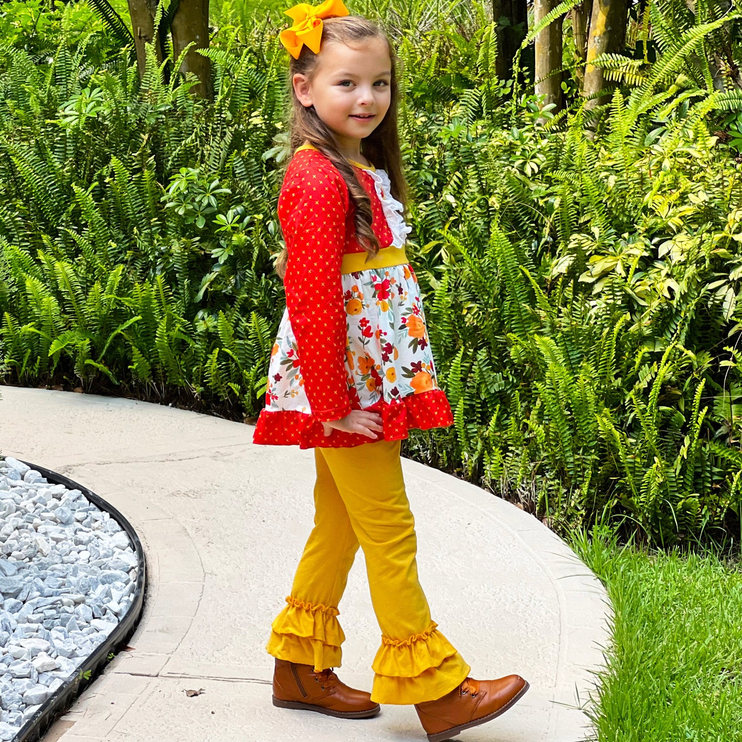 Boutique Girls Boutique Fall Floral Eyelet Tunic & Mustard Ruffle Pants Set