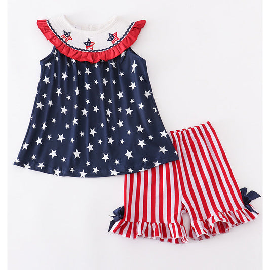 Girls 4th of July Smocked Patriotic Tunic & Shorts Outfit