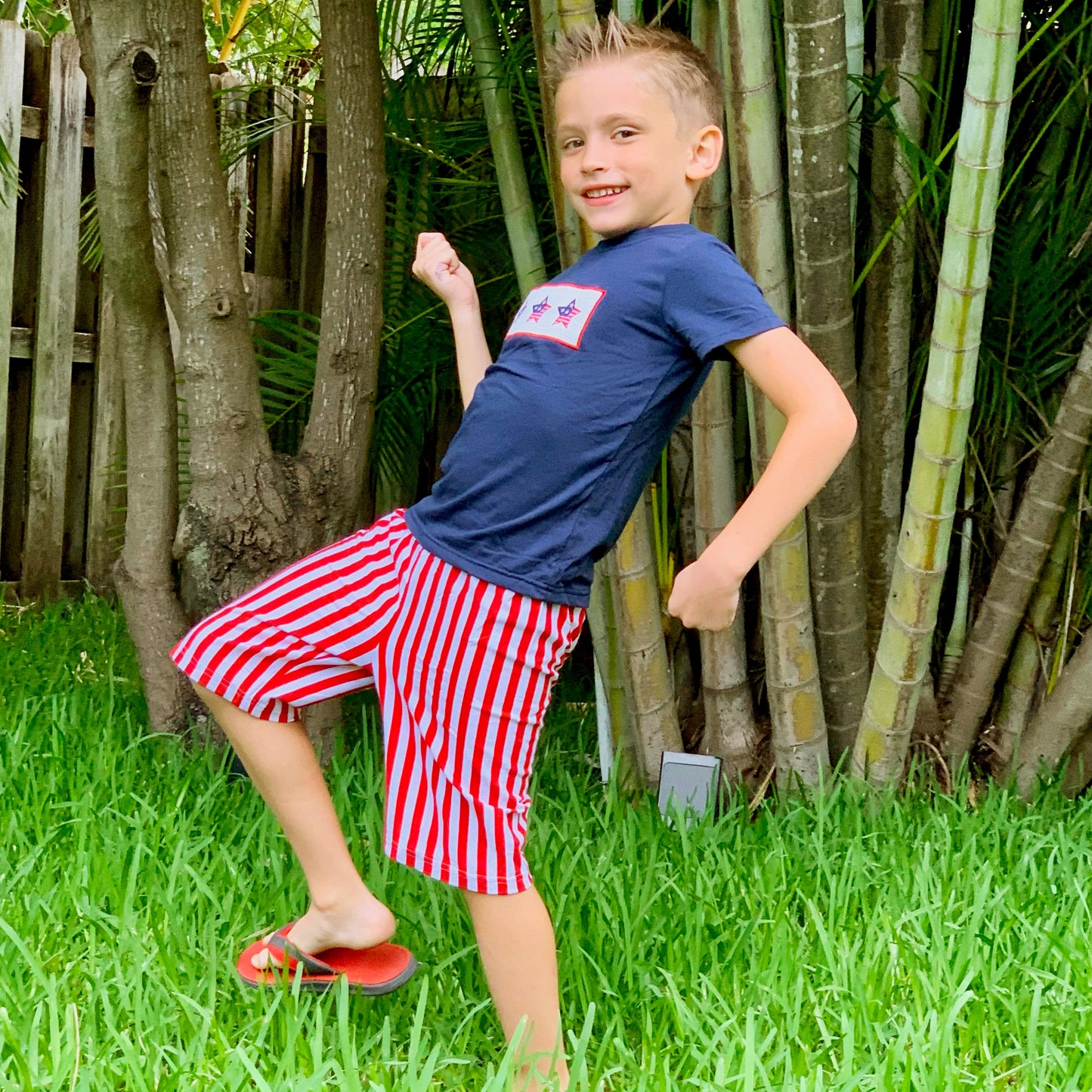 Boys 4th of July American Flag Blue T shirt & Red Striped Shorts