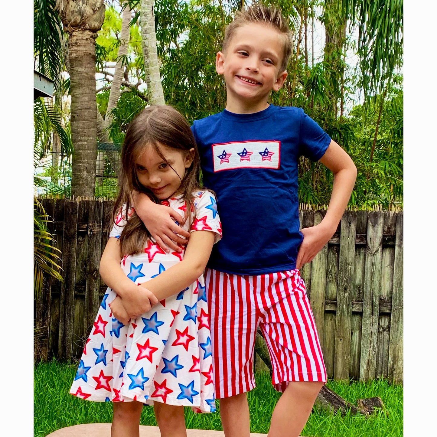 Girls 4th of July Patriotic Stars Red White & Blue Short Sleeve Swing Dress