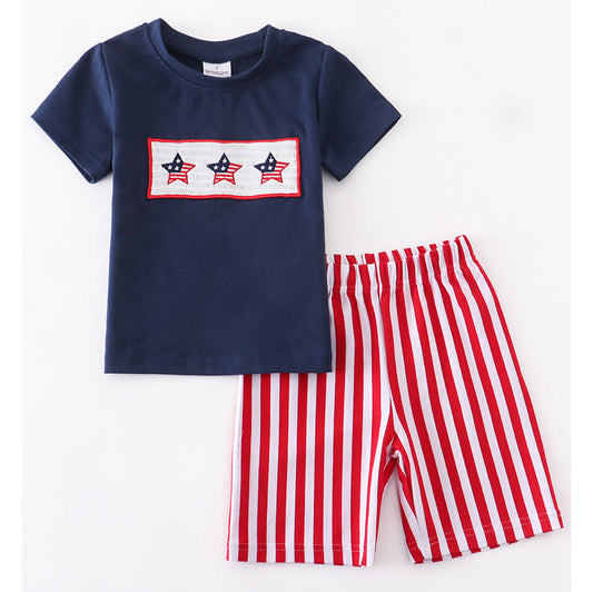 Boys 4th of July American Flag Blue T shirt & Red Striped Shorts