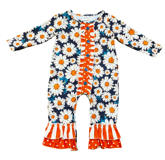 AL Limited Orange Daisy Floral Baby Girls Long Sleeve Tuxedo Lace Romper