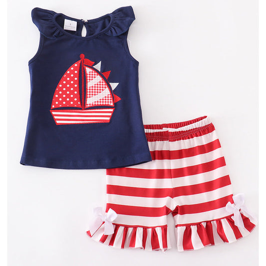 Girls Nautical Sailboat Tank And Ruffle Shorts Outfit