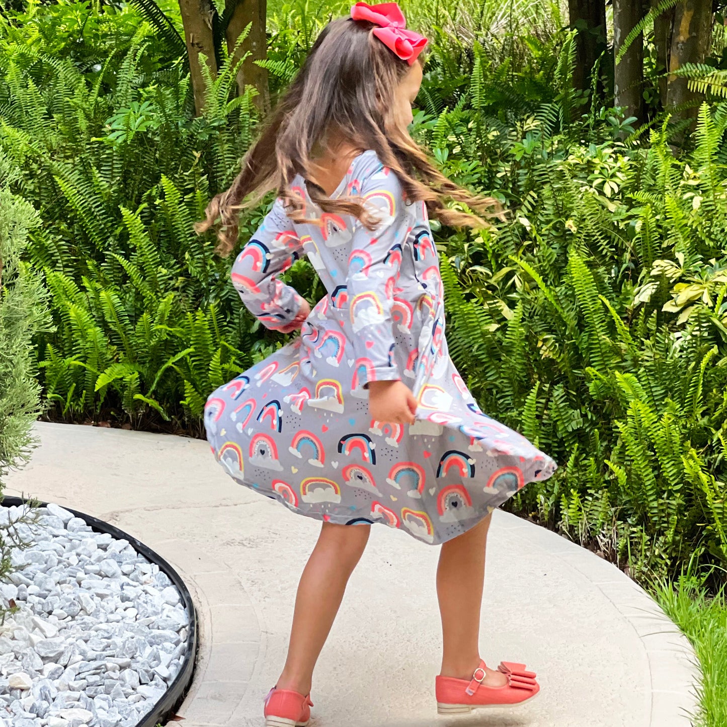 Girls Long Sleeve Boutique Flowy light weight Rainbow Swing Party Dress